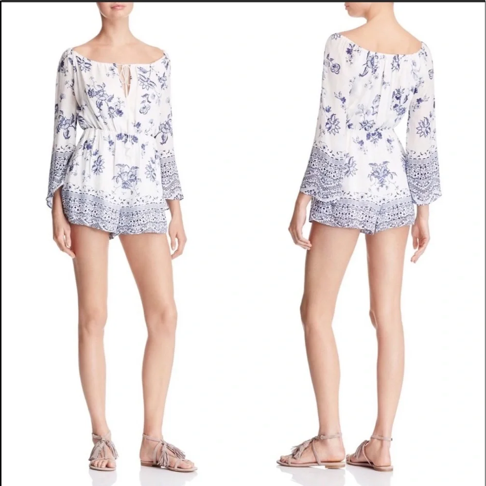 Jetset Diaries Blue White Floral Off Shoulder Boho Romper XS